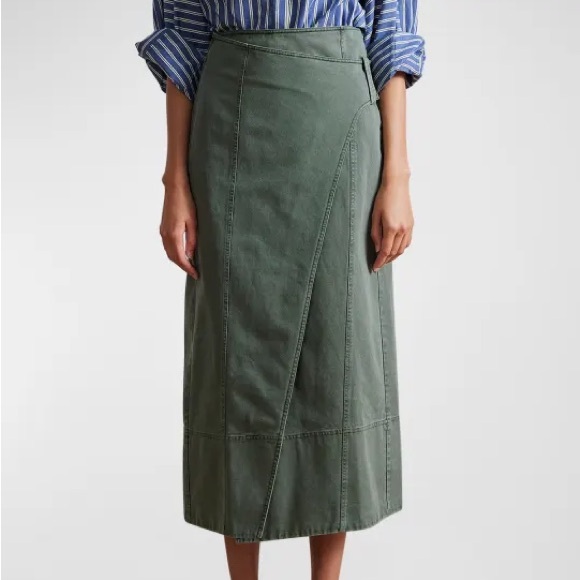Apiece Apart Lahiri Wrap Skirt Thyme Green Cotton Midi Skirt Size 4 Straight - Picture 2 of 5